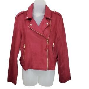 Peach Love California Red Cropped Moto Style Suede Look Jacket SZ L